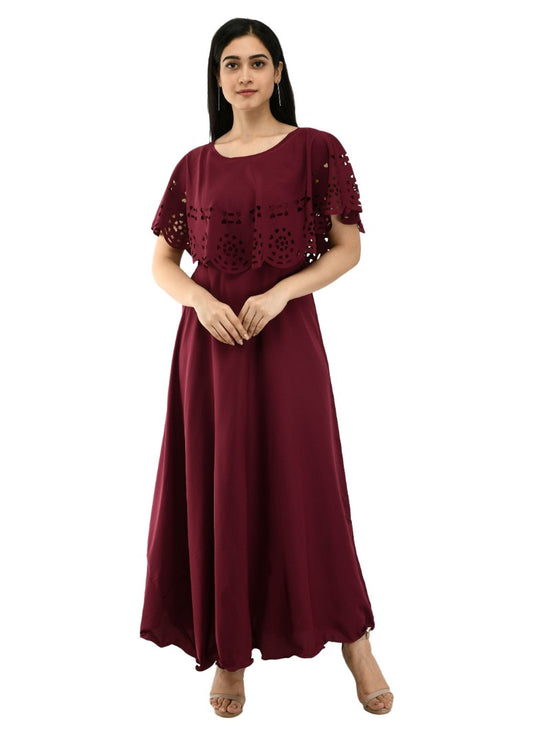 Women Crepe Solid Sleeveless FullLength Gown (Wine)