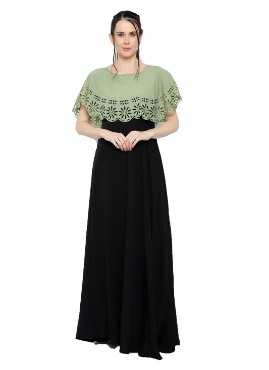 Women Crepe Solid Sleeveless FullLength Gown (GreenBlack)
