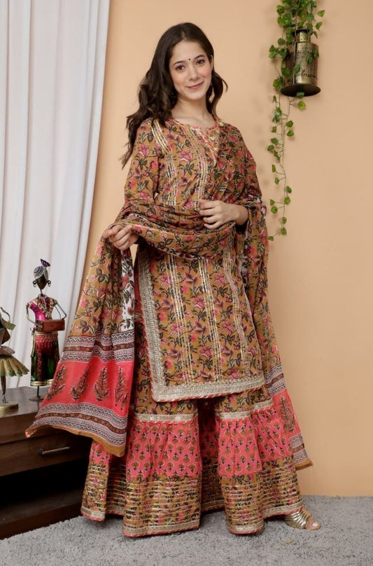 Generic Women's Full Gota Work Cotton Kurti And Sharara With Dupatta Set (Multi Color)